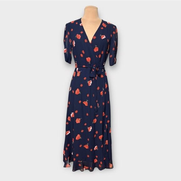 NWT Reformation Napa Midi Dress S Wrap Navy Red Poppy Floral NEW Party Cha Cha - Picture 2 of 8